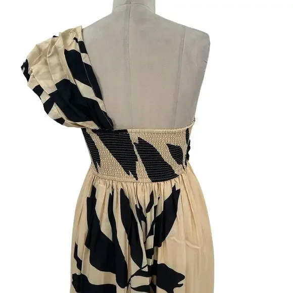 Anthropologie Let Me Be Maxi Dress Palm Printed One Shoulder Cream Black Size MP - Picture 10 of 14